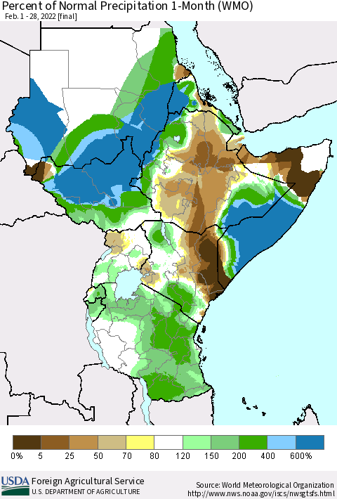 Eastern Africa Percent of Normal Precipitation 1-Month (WMO) Thematic Map For 2/1/2022 - 2/28/2022