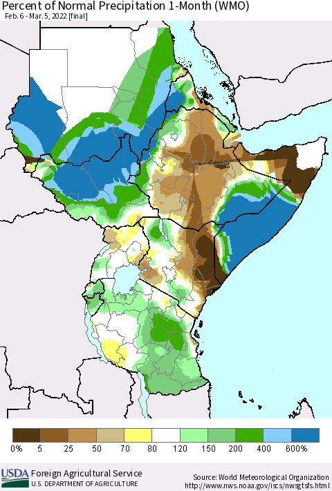 Eastern Africa Percent of Normal Precipitation 1-Month (WMO) Thematic Map For 2/6/2022 - 3/5/2022