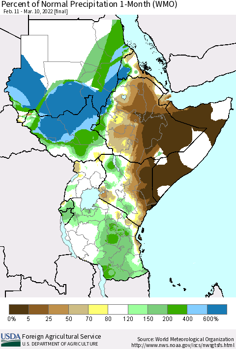Eastern Africa Percent of Normal Precipitation 1-Month (WMO) Thematic Map For 2/11/2022 - 3/10/2022