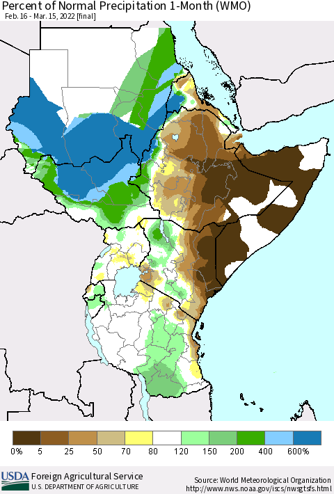 Eastern Africa Percent of Normal Precipitation 1-Month (WMO) Thematic Map For 2/16/2022 - 3/15/2022