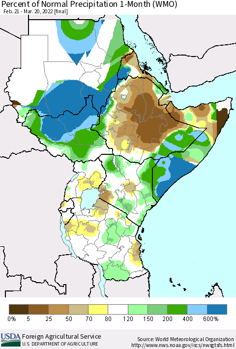 Eastern Africa Percent of Normal Precipitation 1-Month (WMO) Thematic Map For 2/21/2022 - 3/20/2022