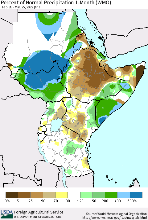 Eastern Africa Percent of Normal Precipitation 1-Month (WMO) Thematic Map For 2/26/2022 - 3/25/2022
