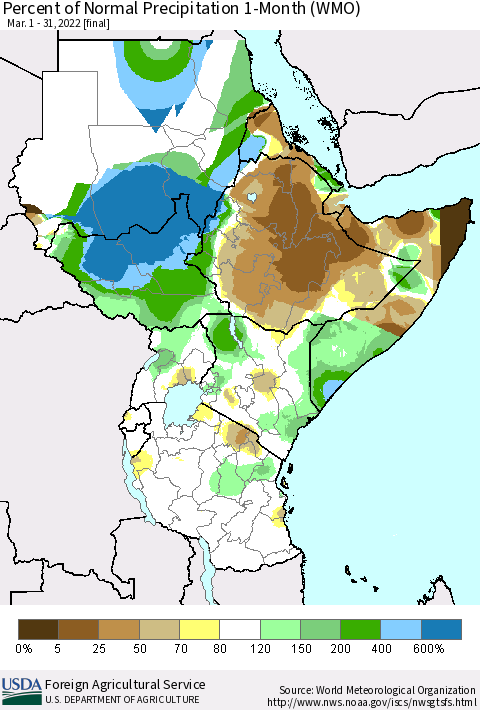 Eastern Africa Percent of Normal Precipitation 1-Month (WMO) Thematic Map For 3/1/2022 - 3/31/2022