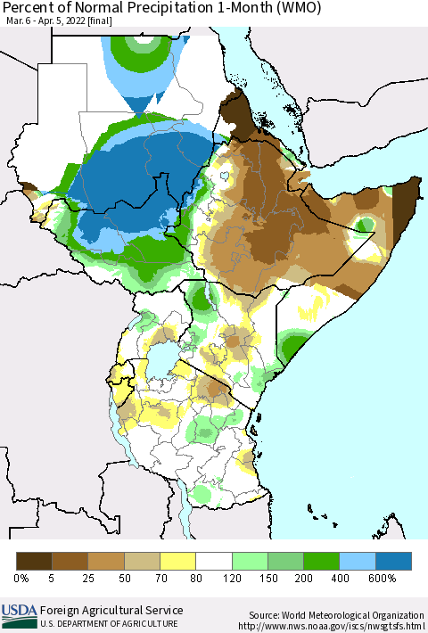 Eastern Africa Percent of Normal Precipitation 1-Month (WMO) Thematic Map For 3/6/2022 - 4/5/2022