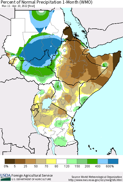 Eastern Africa Percent of Normal Precipitation 1-Month (WMO) Thematic Map For 3/11/2022 - 4/10/2022