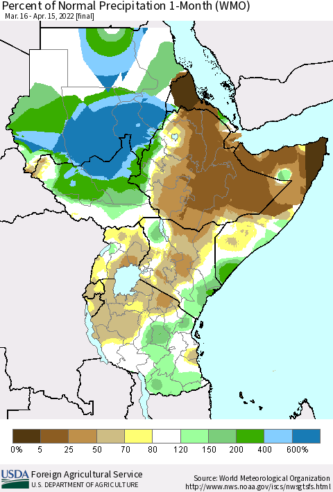 Eastern Africa Percent of Normal Precipitation 1-Month (WMO) Thematic Map For 3/16/2022 - 4/15/2022