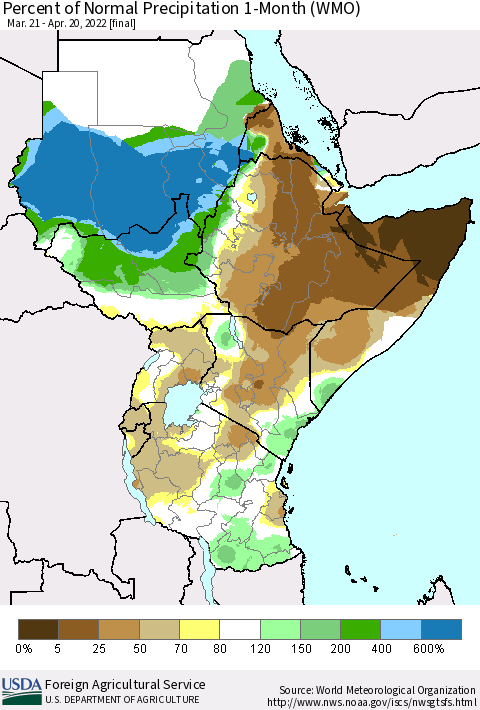 Eastern Africa Percent of Normal Precipitation 1-Month (WMO) Thematic Map For 3/21/2022 - 4/20/2022