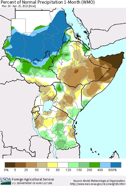 Eastern Africa Percent of Normal Precipitation 1-Month (WMO) Thematic Map For 3/26/2022 - 4/25/2022