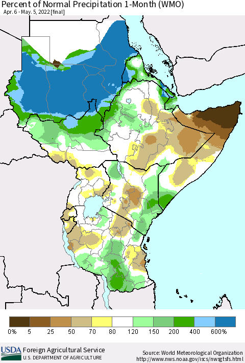 Eastern Africa Percent of Normal Precipitation 1-Month (WMO) Thematic Map For 4/6/2022 - 5/5/2022