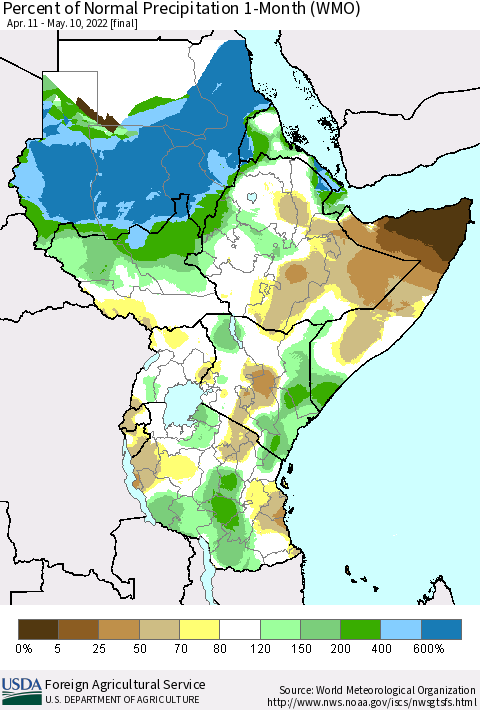 Eastern Africa Percent of Normal Precipitation 1-Month (WMO) Thematic Map For 4/11/2022 - 5/10/2022
