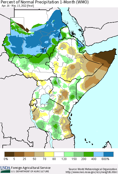 Eastern Africa Percent of Normal Precipitation 1-Month (WMO) Thematic Map For 4/16/2022 - 5/15/2022