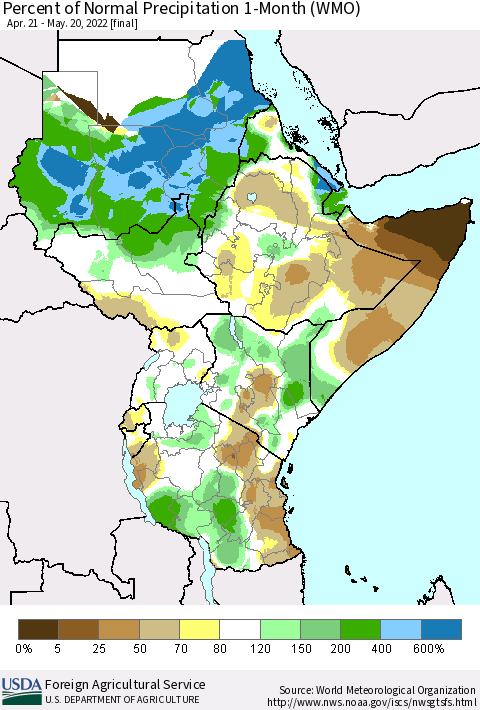 Eastern Africa Percent of Normal Precipitation 1-Month (WMO) Thematic Map For 4/21/2022 - 5/20/2022