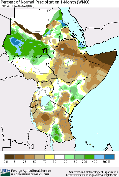 Eastern Africa Percent of Normal Precipitation 1-Month (WMO) Thematic Map For 4/26/2022 - 5/25/2022