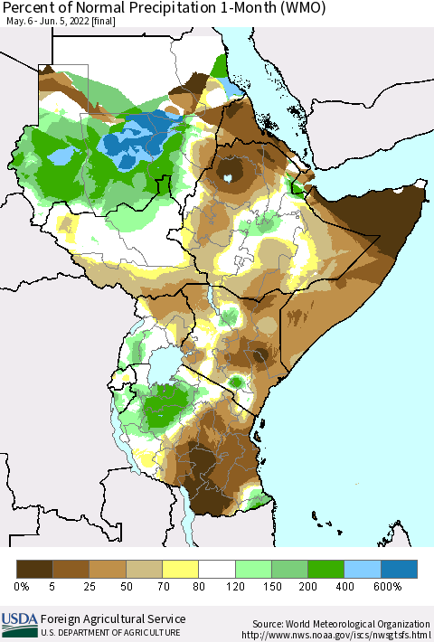 Eastern Africa Percent of Normal Precipitation 1-Month (WMO) Thematic Map For 5/6/2022 - 6/5/2022