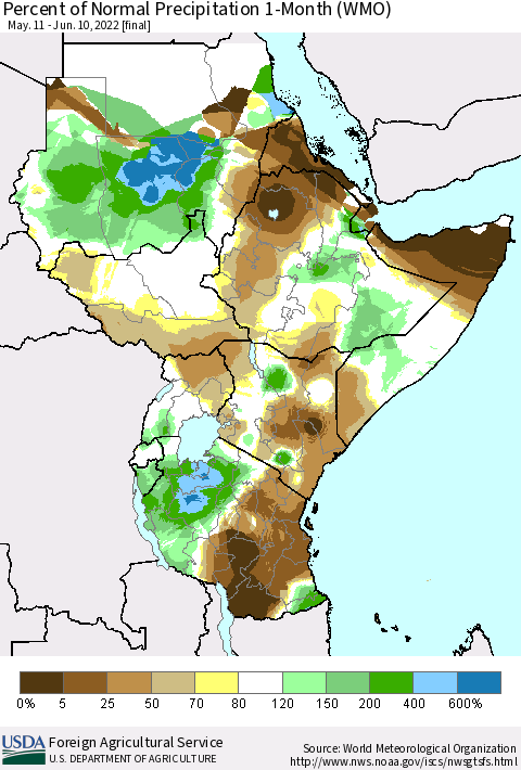 Eastern Africa Percent of Normal Precipitation 1-Month (WMO) Thematic Map For 5/11/2022 - 6/10/2022