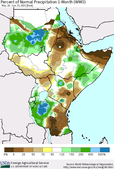 Eastern Africa Percent of Normal Precipitation 1-Month (WMO) Thematic Map For 5/16/2022 - 6/15/2022