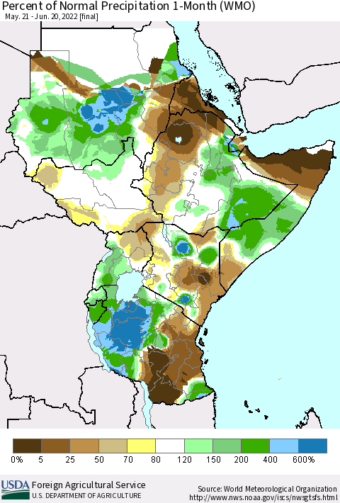 Eastern Africa Percent of Normal Precipitation 1-Month (WMO) Thematic Map For 5/21/2022 - 6/20/2022