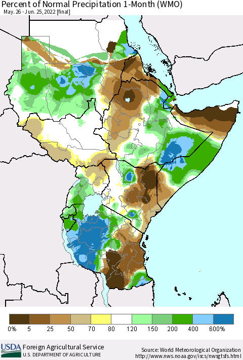 Eastern Africa Percent of Normal Precipitation 1-Month (WMO) Thematic Map For 5/26/2022 - 6/25/2022