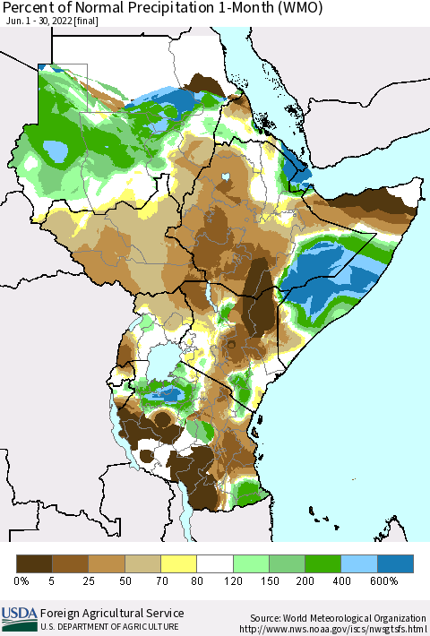 Eastern Africa Percent of Normal Precipitation 1-Month (WMO) Thematic Map For 6/1/2022 - 6/30/2022