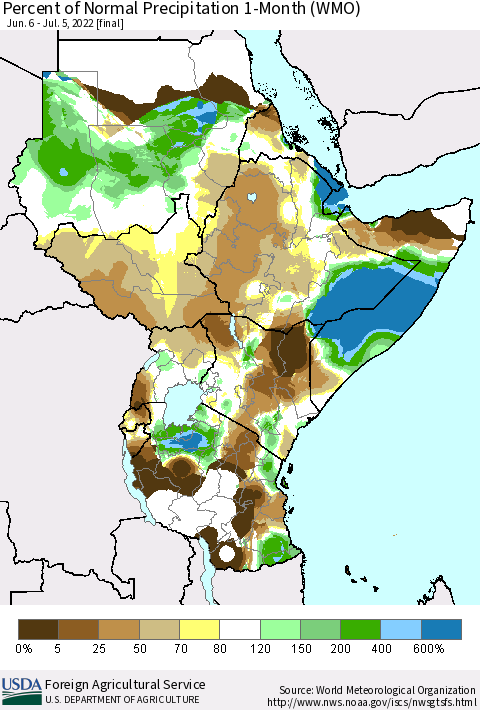 Eastern Africa Percent of Normal Precipitation 1-Month (WMO) Thematic Map For 6/6/2022 - 7/5/2022