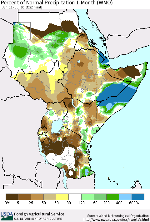 Eastern Africa Percent of Normal Precipitation 1-Month (WMO) Thematic Map For 6/11/2022 - 7/10/2022