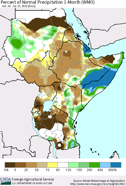 Eastern Africa Percent of Normal Precipitation 1-Month (WMO) Thematic Map For 6/16/2022 - 7/15/2022