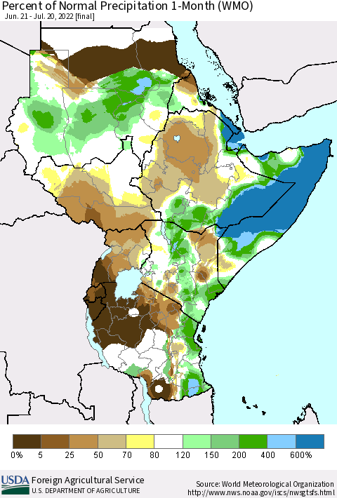 Eastern Africa Percent of Normal Precipitation 1-Month (WMO) Thematic Map For 6/21/2022 - 7/20/2022