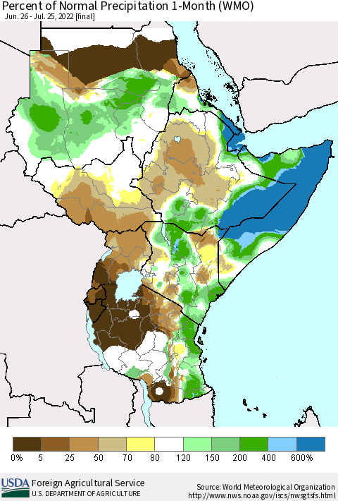 Eastern Africa Percent of Normal Precipitation 1-Month (WMO) Thematic Map For 6/26/2022 - 7/25/2022
