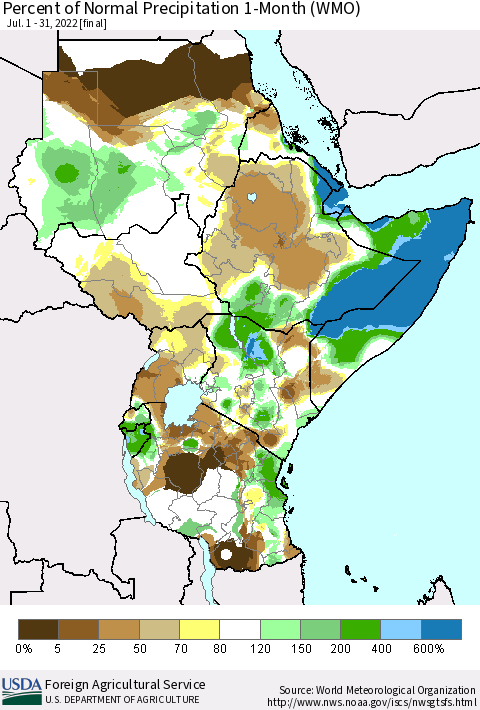 Eastern Africa Percent of Normal Precipitation 1-Month (WMO) Thematic Map For 7/1/2022 - 7/31/2022