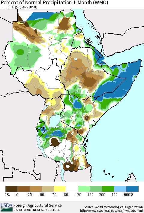 Eastern Africa Percent of Normal Precipitation 1-Month (WMO) Thematic Map For 7/6/2022 - 8/5/2022
