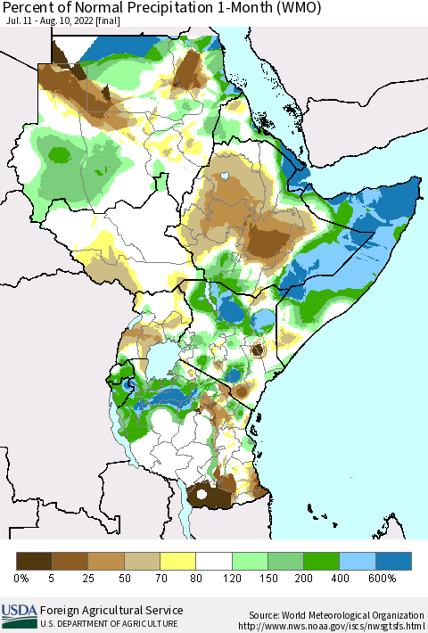 Eastern Africa Percent of Normal Precipitation 1-Month (WMO) Thematic Map For 7/11/2022 - 8/10/2022