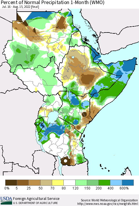 Eastern Africa Percent of Normal Precipitation 1-Month (WMO) Thematic Map For 7/16/2022 - 8/15/2022