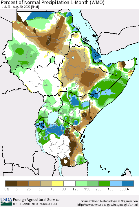 Eastern Africa Percent of Normal Precipitation 1-Month (WMO) Thematic Map For 7/21/2022 - 8/20/2022
