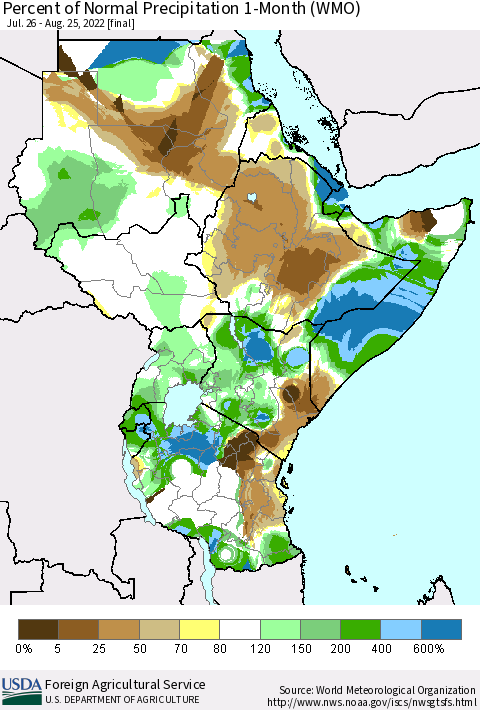 Eastern Africa Percent of Normal Precipitation 1-Month (WMO) Thematic Map For 7/26/2022 - 8/25/2022