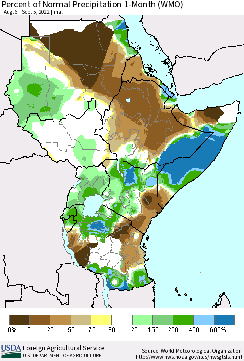 Eastern Africa Percent of Normal Precipitation 1-Month (WMO) Thematic Map For 8/6/2022 - 9/5/2022