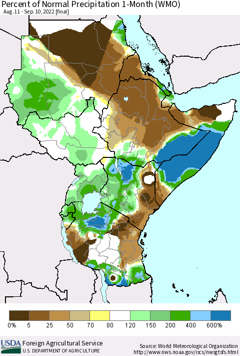 Eastern Africa Percent of Normal Precipitation 1-Month (WMO) Thematic Map For 8/11/2022 - 9/10/2022