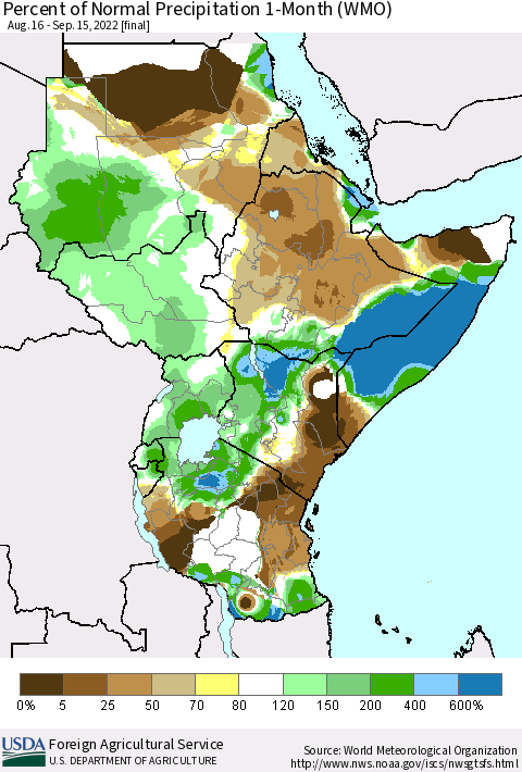 Eastern Africa Percent of Normal Precipitation 1-Month (WMO) Thematic Map For 8/16/2022 - 9/15/2022