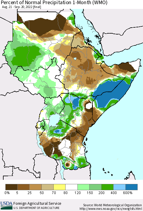 Eastern Africa Percent of Normal Precipitation 1-Month (WMO) Thematic Map For 8/21/2022 - 9/20/2022