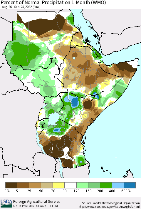 Eastern Africa Percent of Normal Precipitation 1-Month (WMO) Thematic Map For 8/26/2022 - 9/25/2022