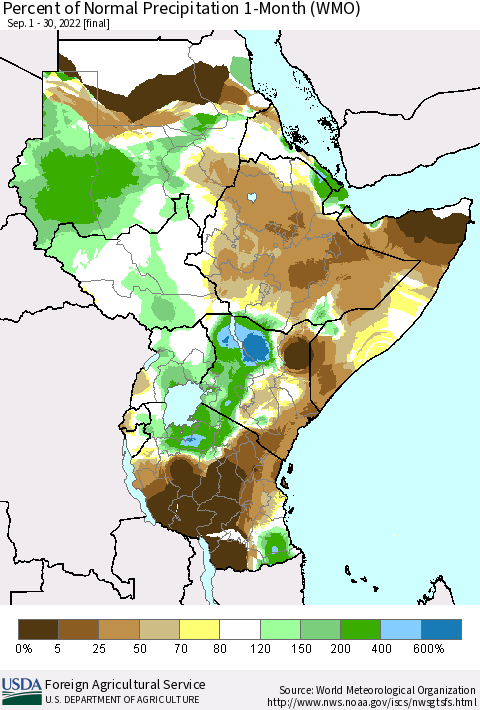 Eastern Africa Percent of Normal Precipitation 1-Month (WMO) Thematic Map For 9/1/2022 - 9/30/2022