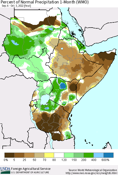Eastern Africa Percent of Normal Precipitation 1-Month (WMO) Thematic Map For 9/6/2022 - 10/5/2022