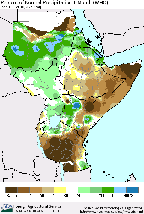 Eastern Africa Percent of Normal Precipitation 1-Month (WMO) Thematic Map For 9/11/2022 - 10/10/2022