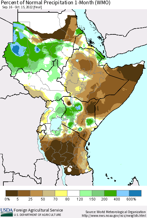 Eastern Africa Percent of Normal Precipitation 1-Month (WMO) Thematic Map For 9/16/2022 - 10/15/2022