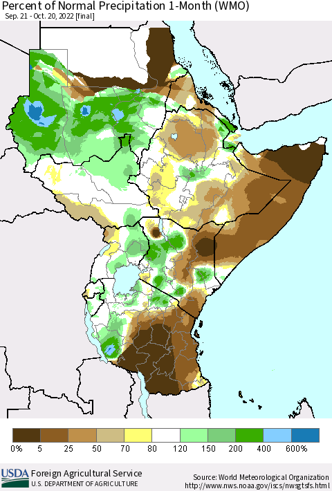 Eastern Africa Percent of Normal Precipitation 1-Month (WMO) Thematic Map For 9/21/2022 - 10/20/2022