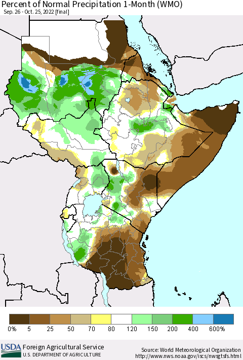 Eastern Africa Percent of Normal Precipitation 1-Month (WMO) Thematic Map For 9/26/2022 - 10/25/2022