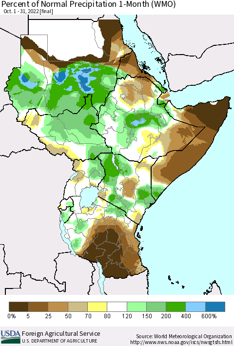 Eastern Africa Percent of Normal Precipitation 1-Month (WMO) Thematic Map For 10/1/2022 - 10/31/2022