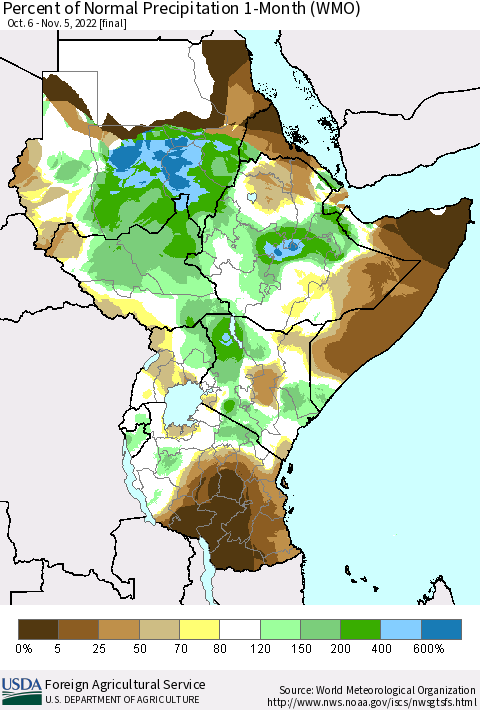Eastern Africa Percent of Normal Precipitation 1-Month (WMO) Thematic Map For 10/6/2022 - 11/5/2022