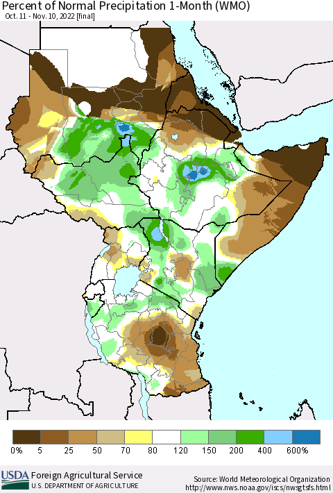 Eastern Africa Percent of Normal Precipitation 1-Month (WMO) Thematic Map For 10/11/2022 - 11/10/2022