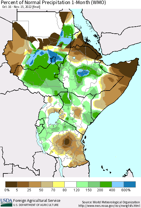 Eastern Africa Percent of Normal Precipitation 1-Month (WMO) Thematic Map For 10/16/2022 - 11/15/2022