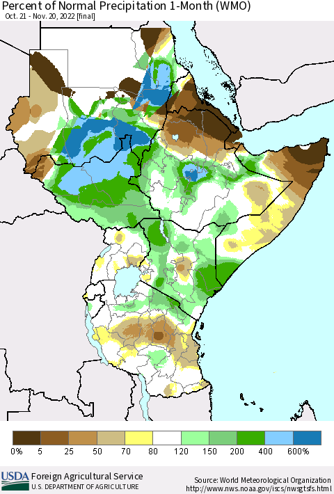 Eastern Africa Percent of Normal Precipitation 1-Month (WMO) Thematic Map For 10/21/2022 - 11/20/2022